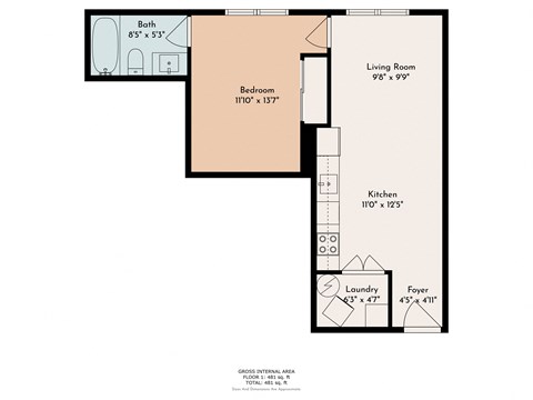 Floor plan for 1 bed, 1 bath, 597 sqft